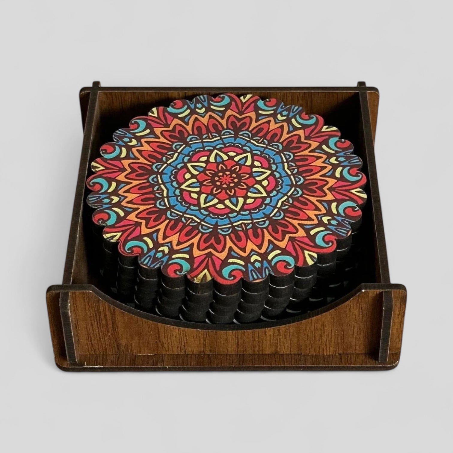 Turkish Wooden Coaster Set With Holder Warm Tone Mandala - Rosetta Creative Boutique